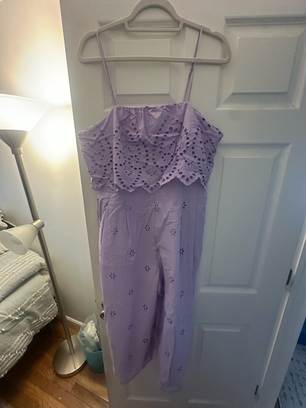 Francesca's Lavender Eyelet Spaghetti Strap Jumpsuit